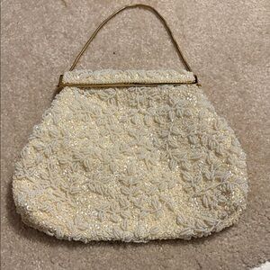 Ivory Beaded Evening Bag with Gold Handle